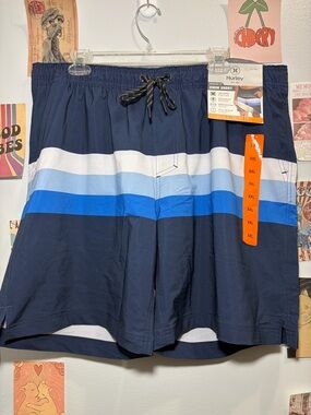 Hurley Men’s Navy, White & Blue Striped Swim Shorts